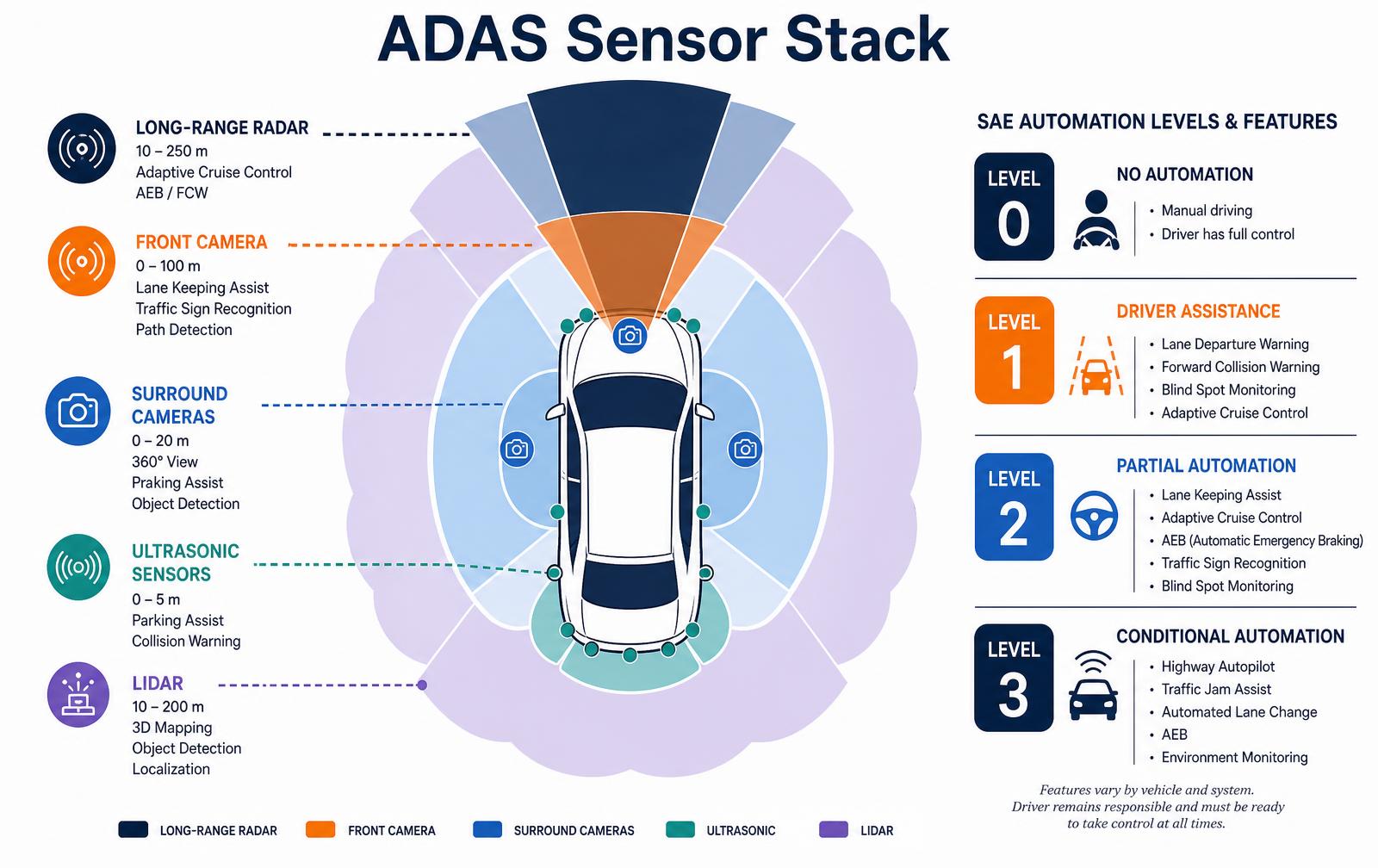 ADAS sensor stack infographic showing long-range radar, front camera, surround cameras, ultrasonic sensors and lidar coverage around a car, with SAE automation levels 0 to 3 and their features