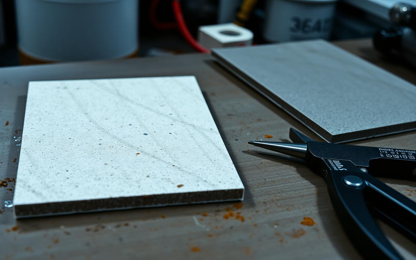 Ceramic heat shield tile and hard coated material samples with calipers on a lab bench