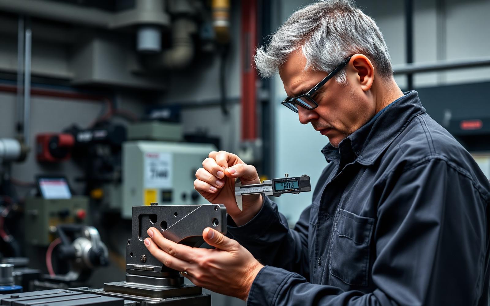 Machinist inspecting a titanium aerospace bracket with digital calipers