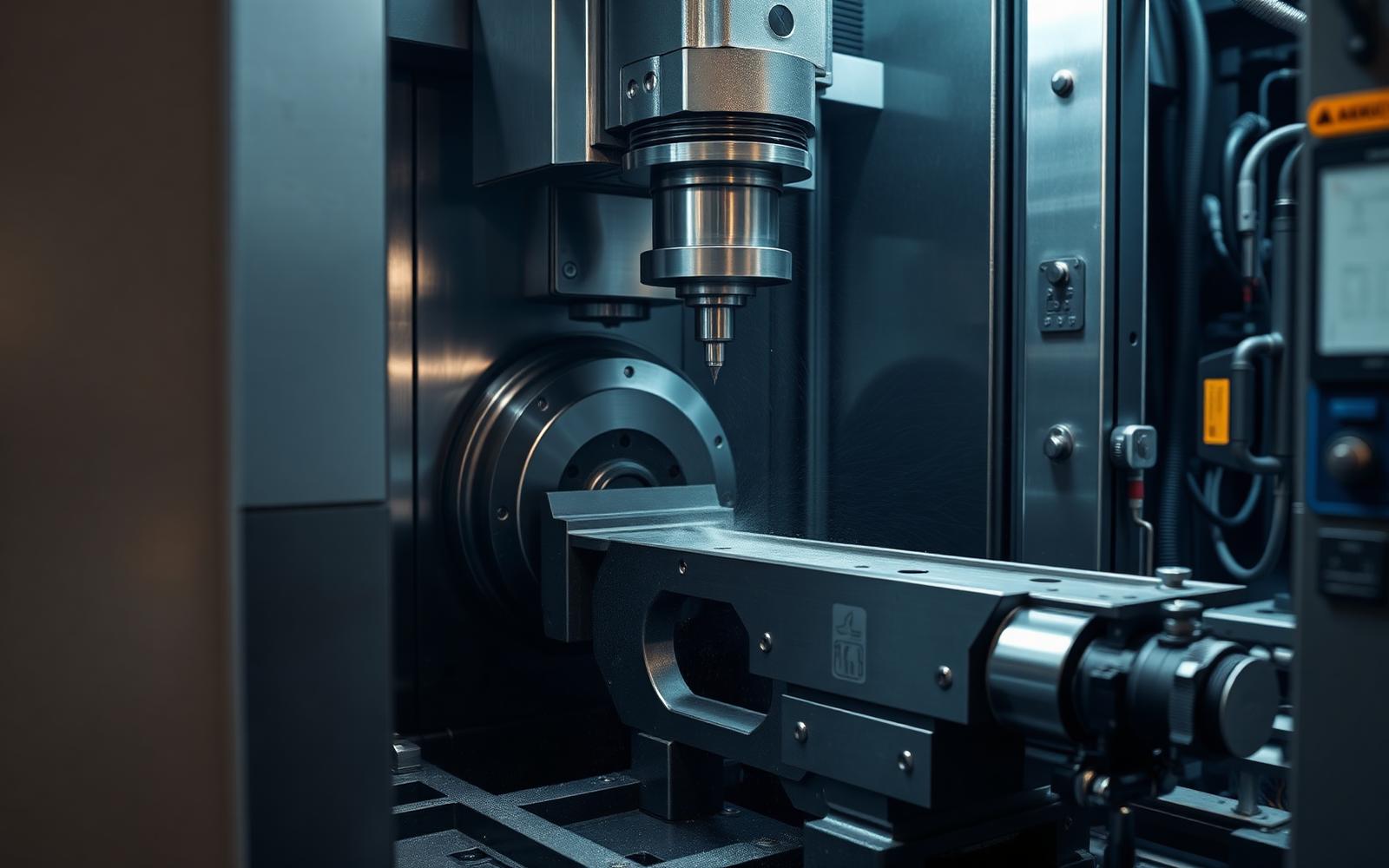 Five-axis CNC machining centre cutting a titanium aerospace structural bracket with coolant spray