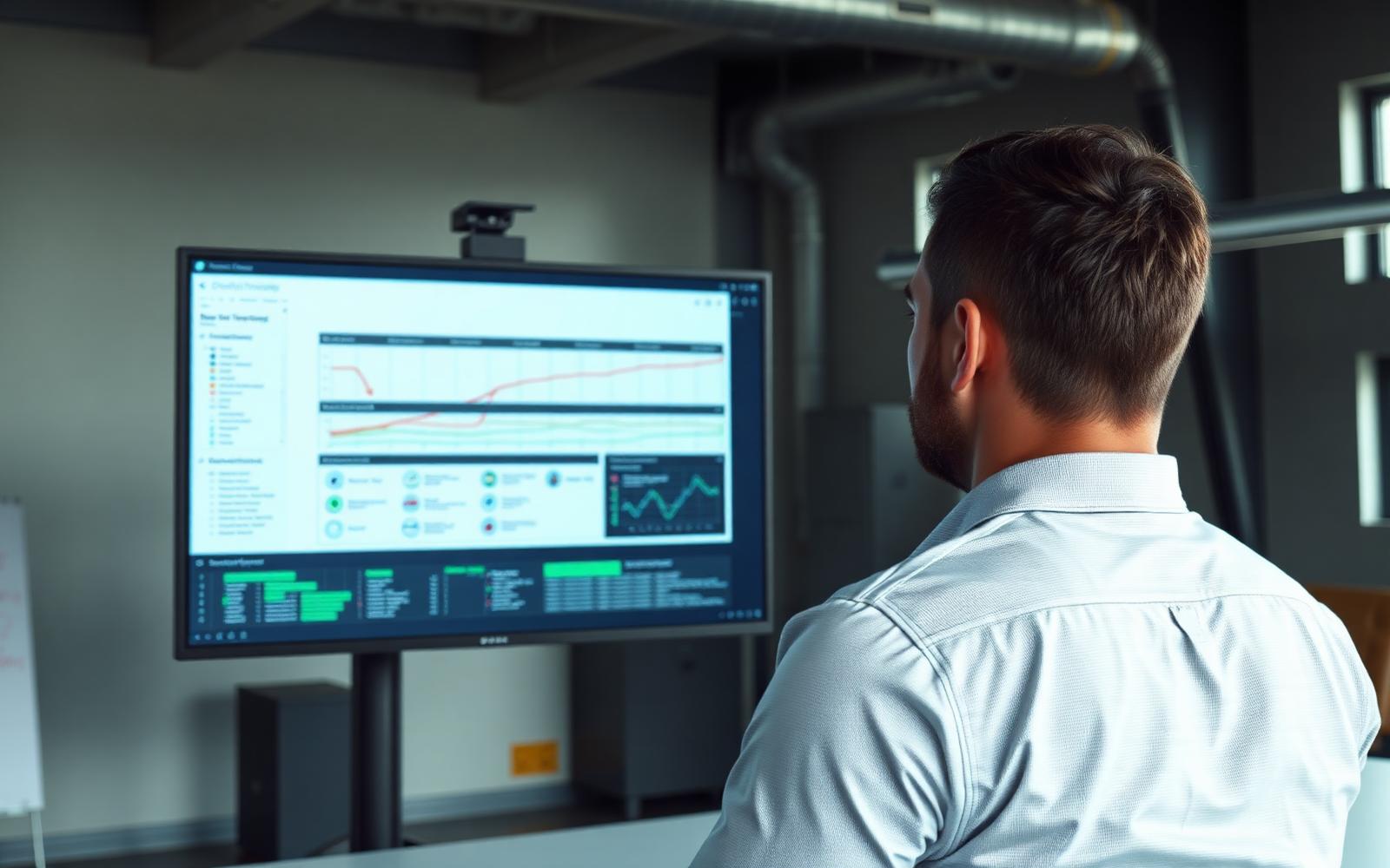 Consultant reviewing an AI-generated product development roadmap on a large monitor in an industrial office