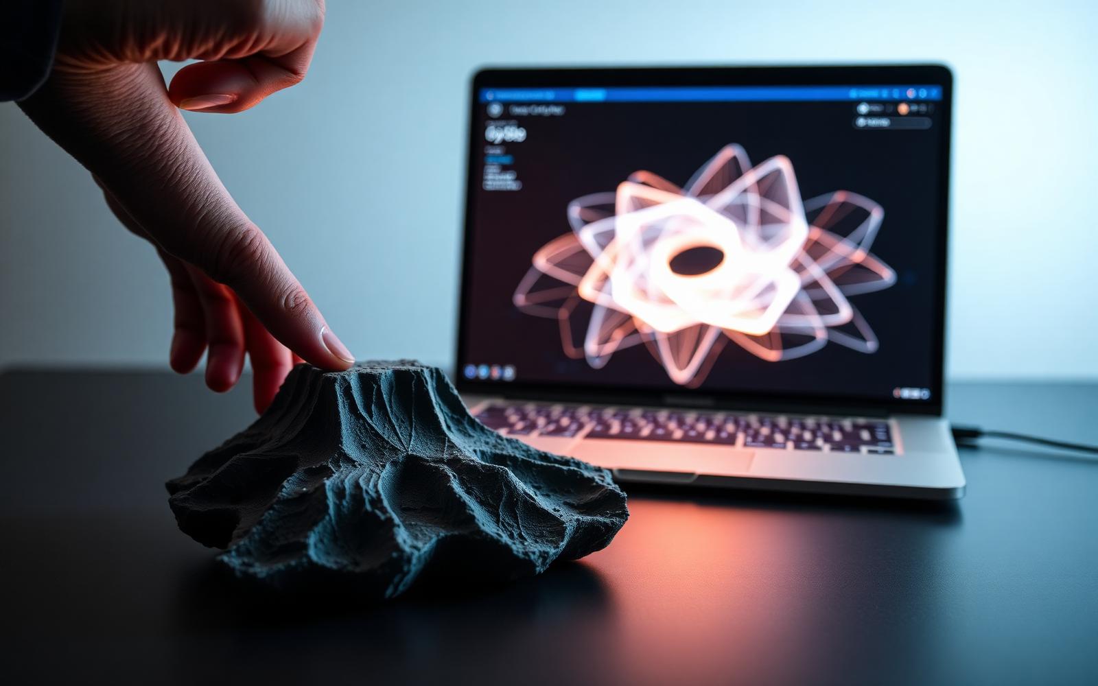 Rough 3D printed concept part on a desk beside a laptop showing a generative digital shape