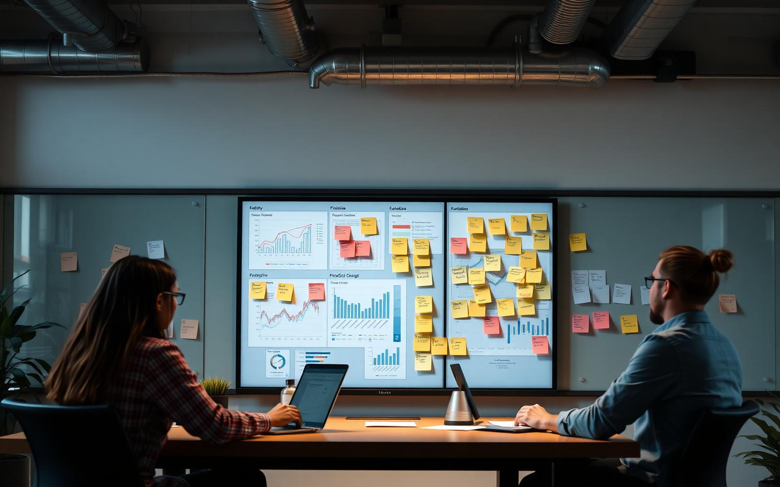 Product team reviewing research notes and analytics dashboards on a wall display during planning