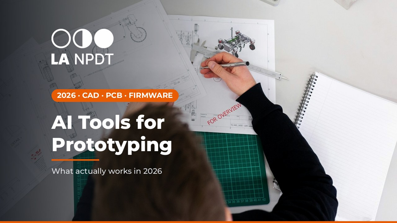 Engineer marking up mechanical drawings and a CAD printout with a caliper on a prototyping workbench, illustrating AI tools for hardware prototyping in 2026.