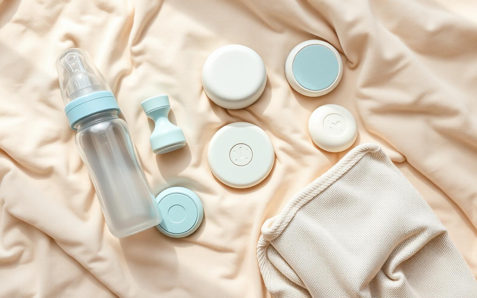 Overhead view of modern unbranded baby products arranged on a soft neutral blanket