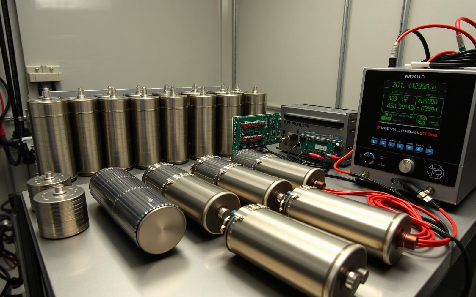 Lithium battery modules with nickel busbars, a battery management board and thermocouples connected to test equipment on an engineering bench