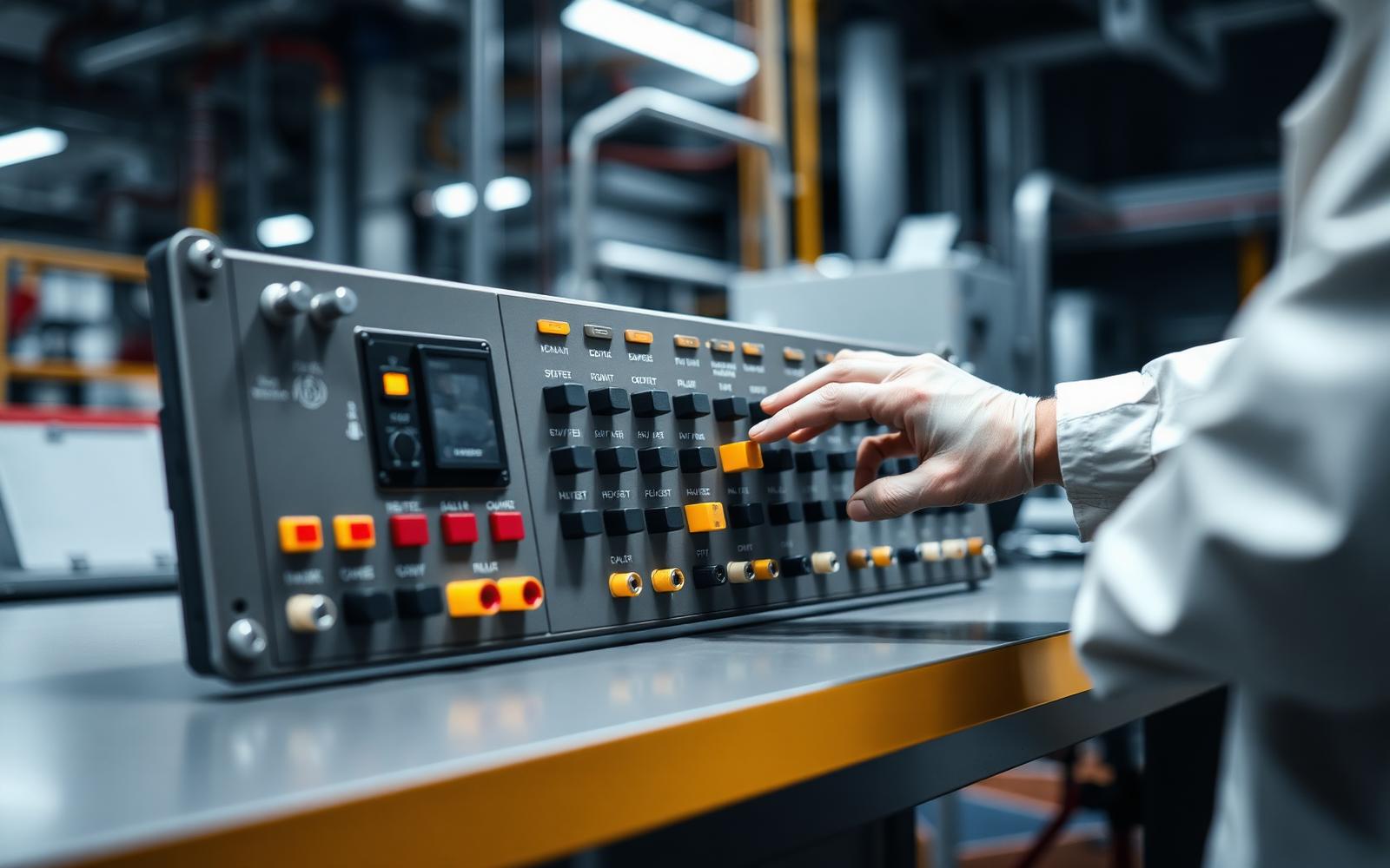 Technician pressing a control on an industrial panel prototype during usability testing on a lab bench