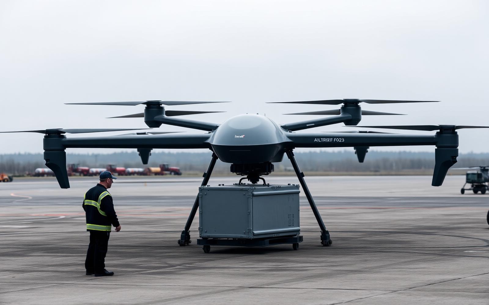 Heavy-lift cargo drone with a payload container on an airfield apron beside a ground crew member