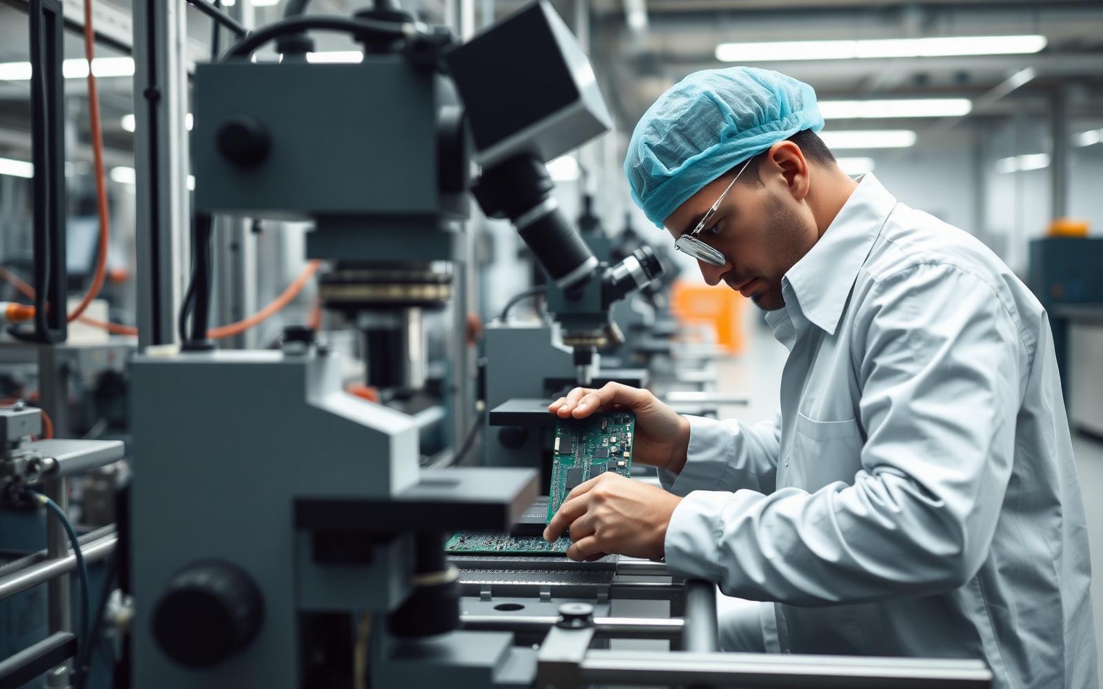 Quality inspector examining a populated printed circuit board under a microscope next to a surface-mount assembly line