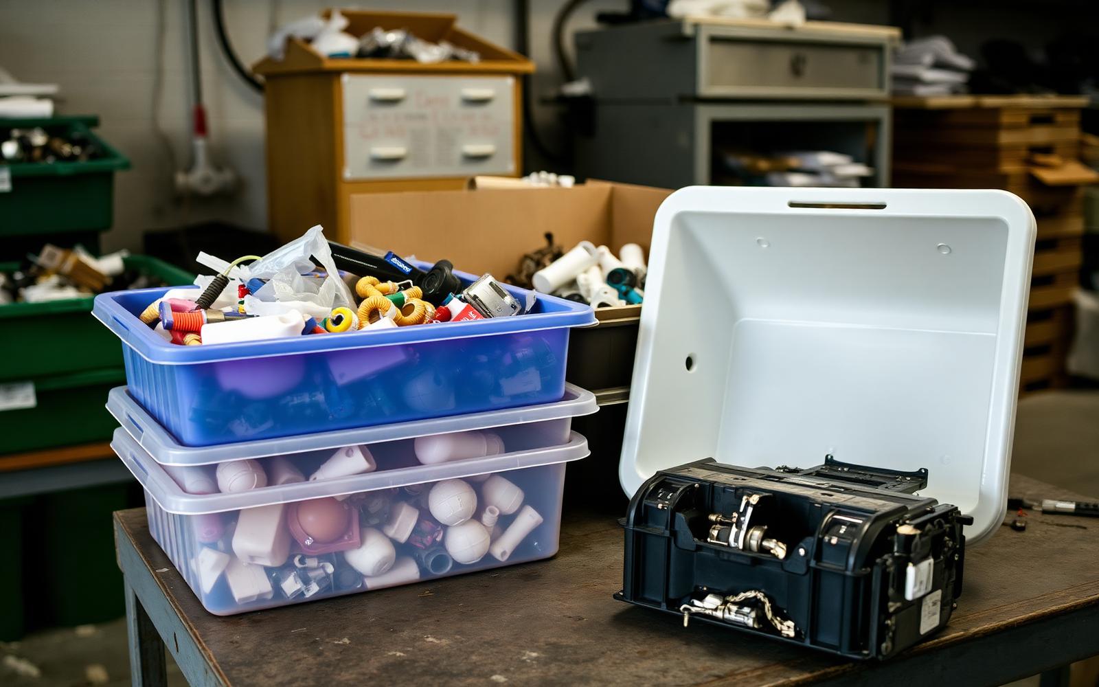 Sorted bins of recovered plastics and metals beside a disassembled product in a recycling lab