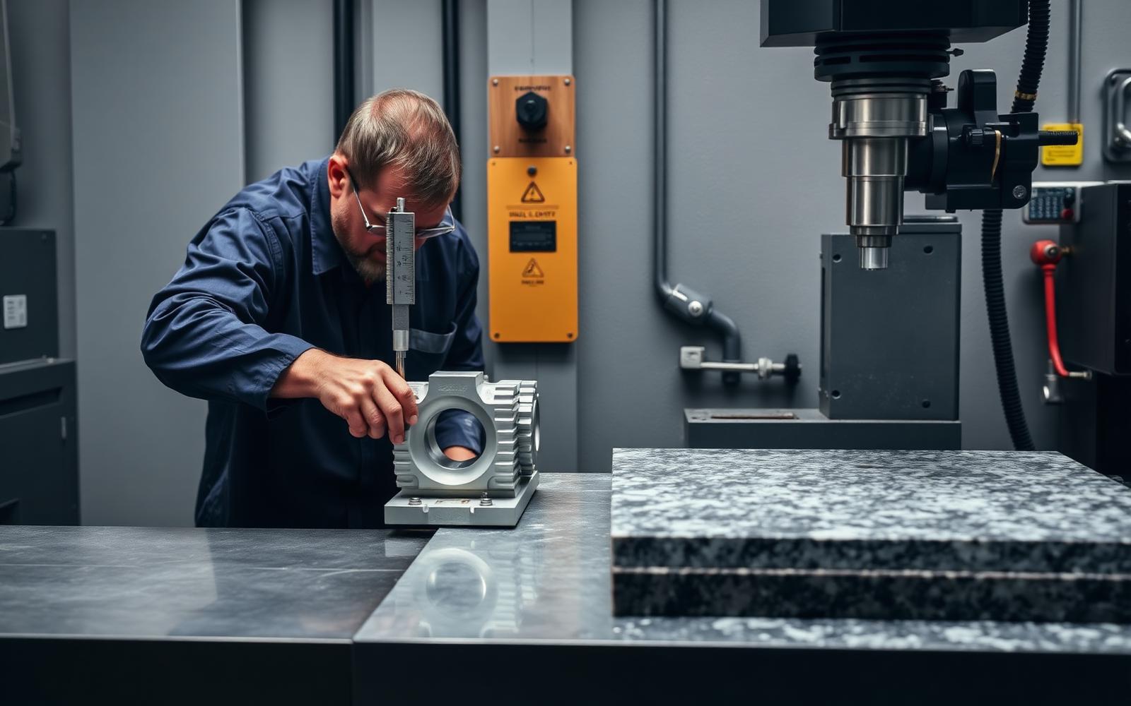 Machinist measuring a precision aluminum part with a micrometer at a quality inspection station beside a granite surface plate