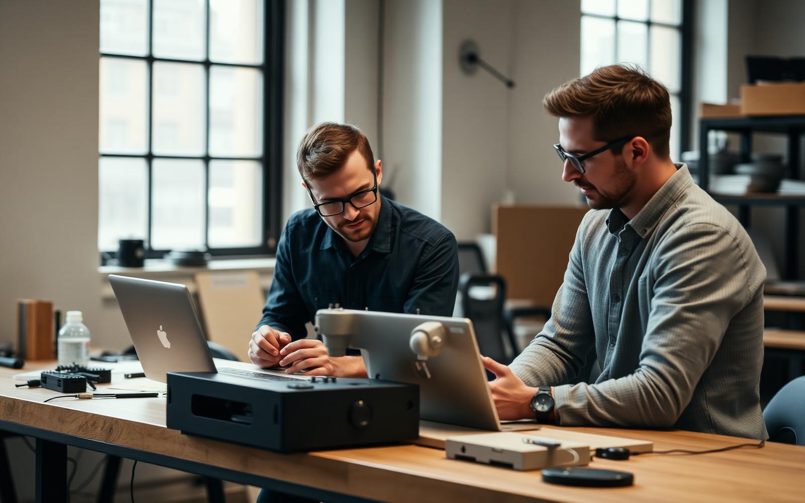 Industrial designer and mechanical engineer reviewing a 3D-printed housing together at a prototyping bench