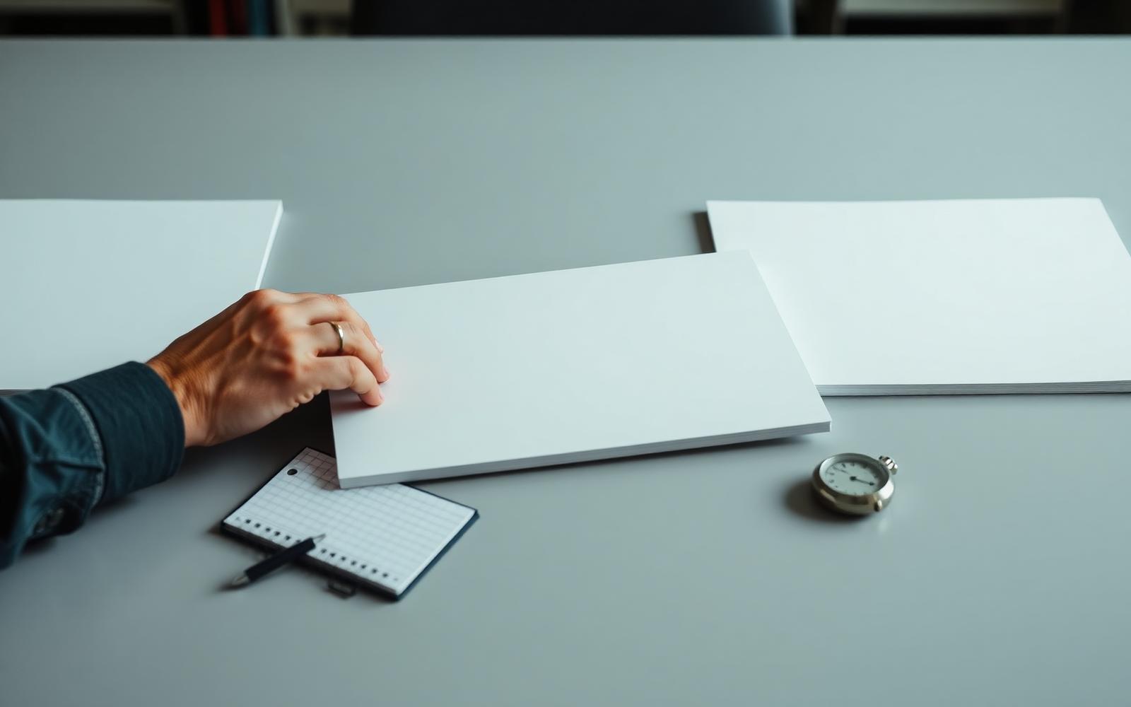Blank foam-core concept board being slid across a table toward a research participant, with a notepad and stopwatch alongside