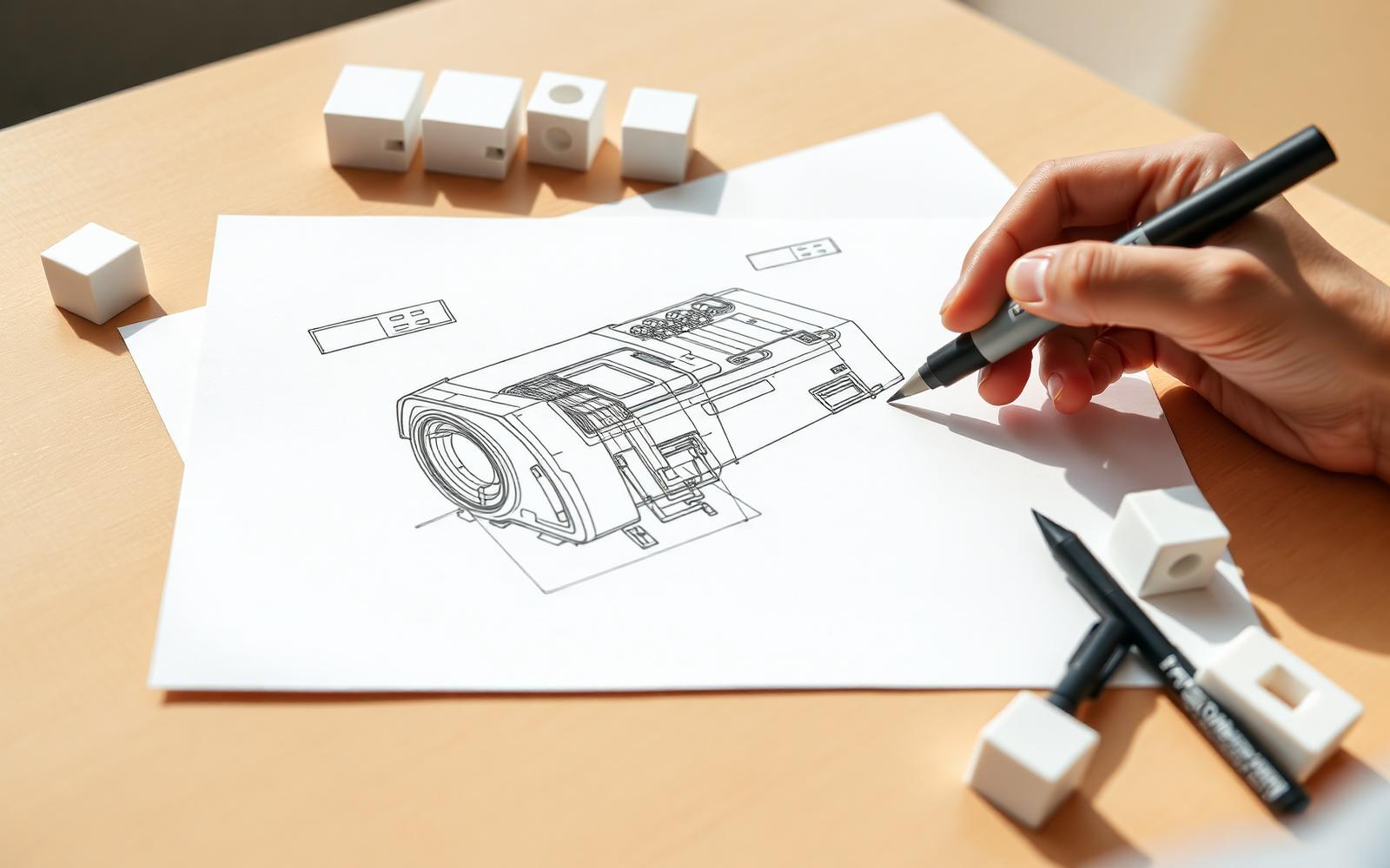Designer sketching a product concept in marker beside white foam study models