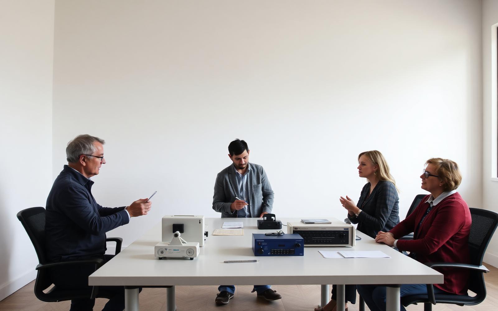 Small group of participants examining two competing physical product concepts on a table in a plain meeting room while a moderator observes