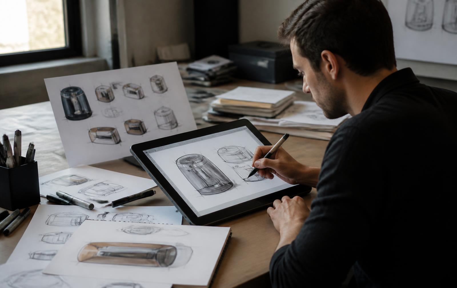 Industrial designer refining product concept sketches with a stylus on a drawing tablet next to marker renderings on paper