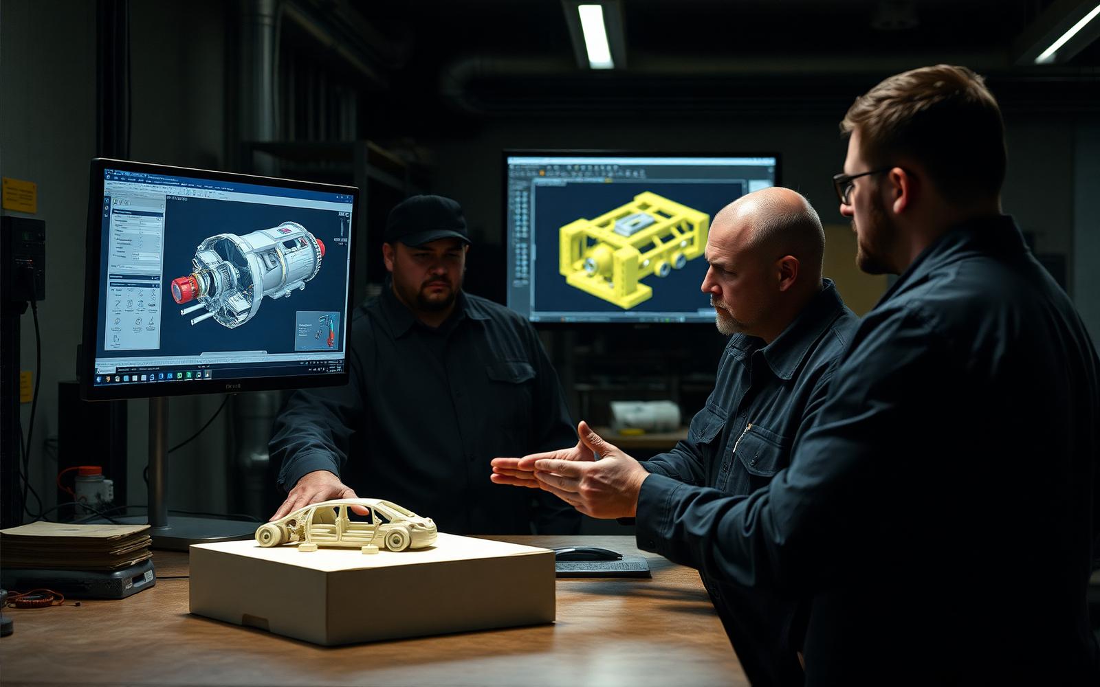 Engineers comparing a rough concept model on the bench against a detailed CAD assembly on screen