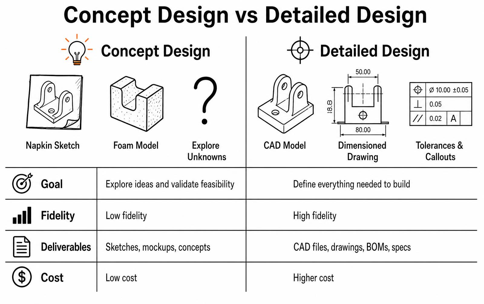 Comparison diagram of concept design versus detailed design showing goals, fidelity, deliverables and cost