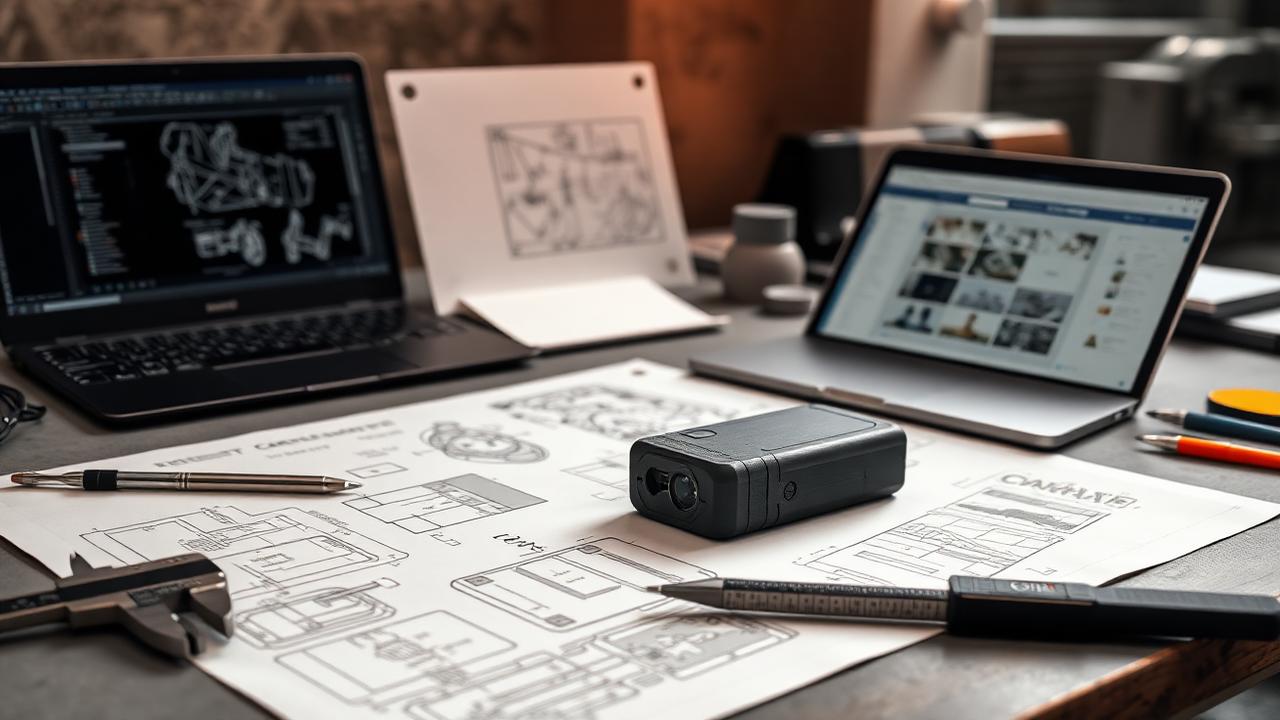 Engineering desk with concept sketches, a 3D-printed prototype, calipers and CAD on a laptop during conceptual design