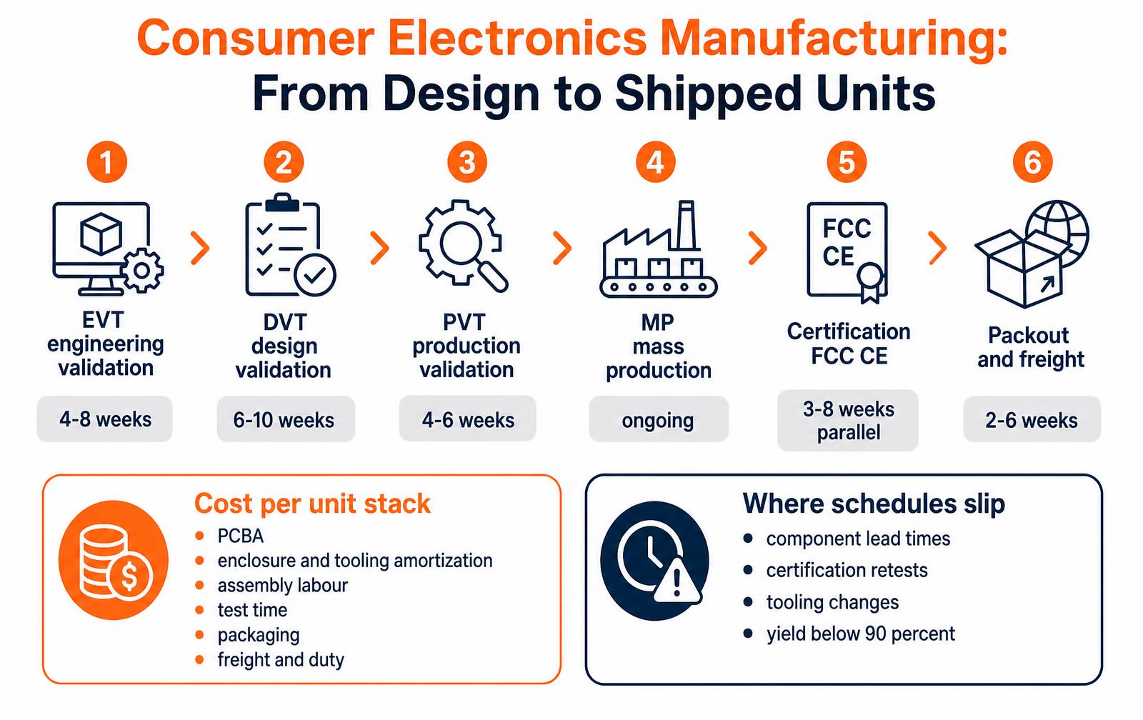 Infographic showing the six stages of consumer electronics manufacturing — EVT engineering validation, DVT design validation, PVT production validation, mass production, FCC and CE certification, and packout and freight — with typical durations, a per-unit cost stack and common schedule risks