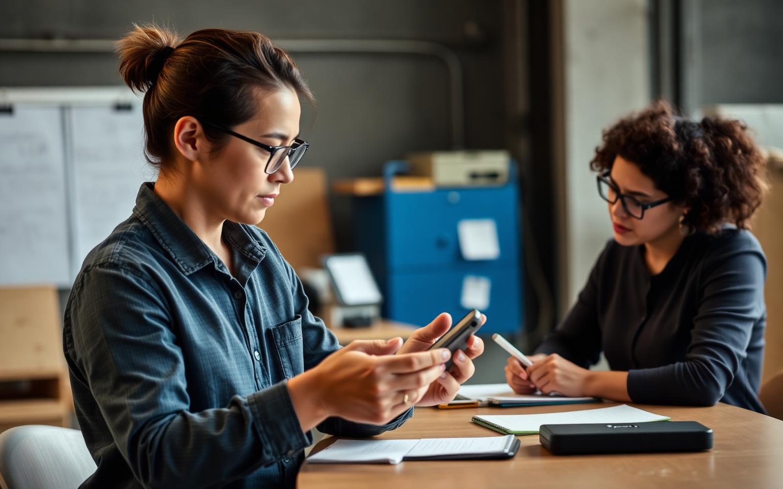 Participant handling a handheld prototype while a researcher takes notes