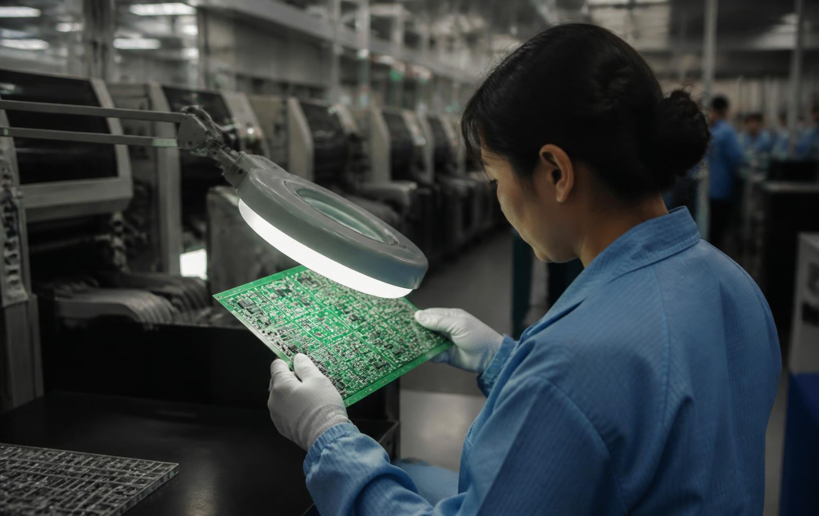 Surface-mount assembly line placing components on printed circuit boards at a contract electronics manufacturer
