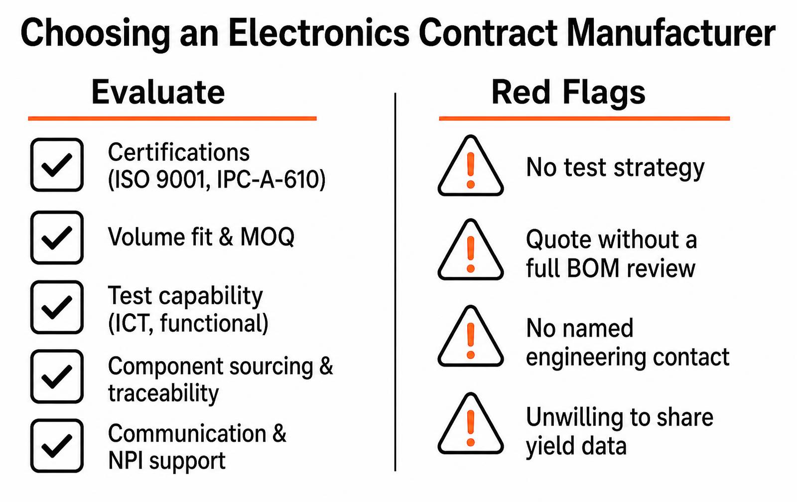 Checklist for evaluating an electronics contract manufacturer alongside common red flags