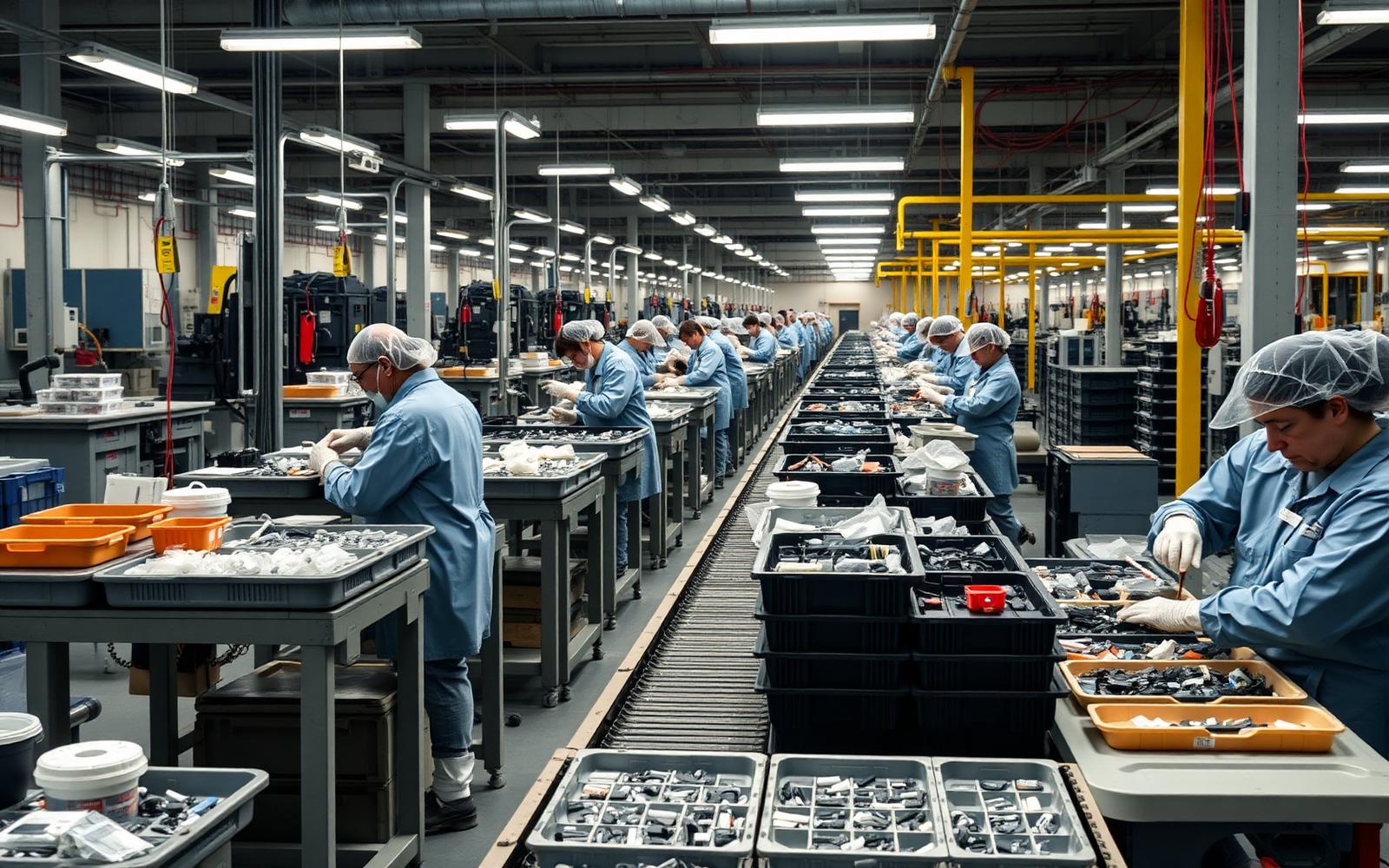 Workers assembling plastic consumer products at benches along a conveyor inside a contract manufacturing plant