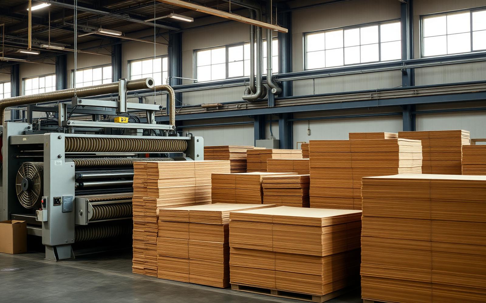 Corrugator machine and stacks of unprinted kraft corrugated blanks inside a box plant