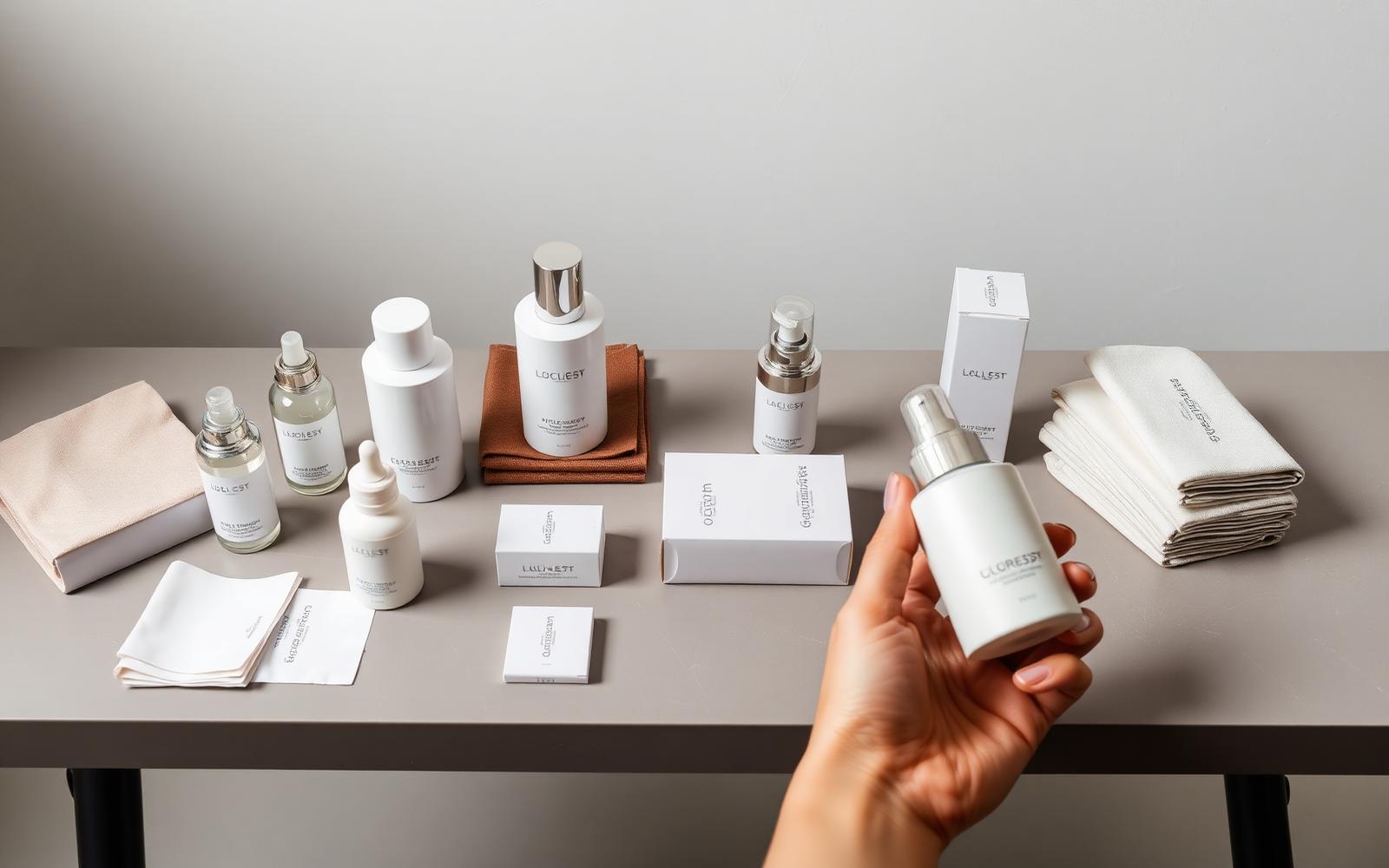 Unlabeled glass serum bottles, airless pumps, folded cartons and material swatches arranged on a studio table with a designer holding one pump