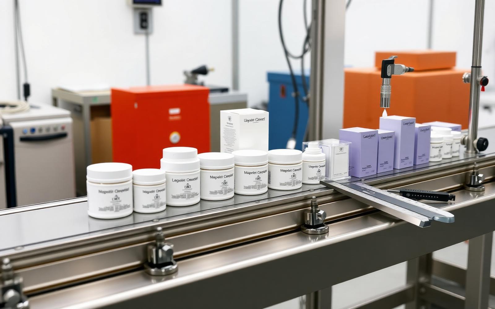 Unbranded cosmetic jars and cartons on an inspection conveyor with calipers and test fixtures in a packaging lab