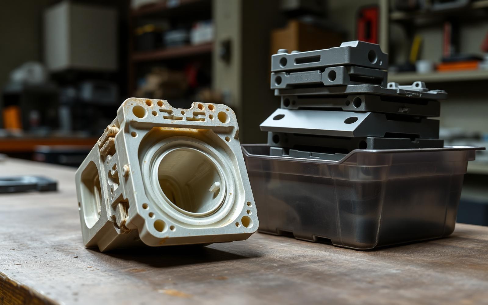 Warped injection molded plastic part on a workshop bench next to a bin of rejected prototype parts