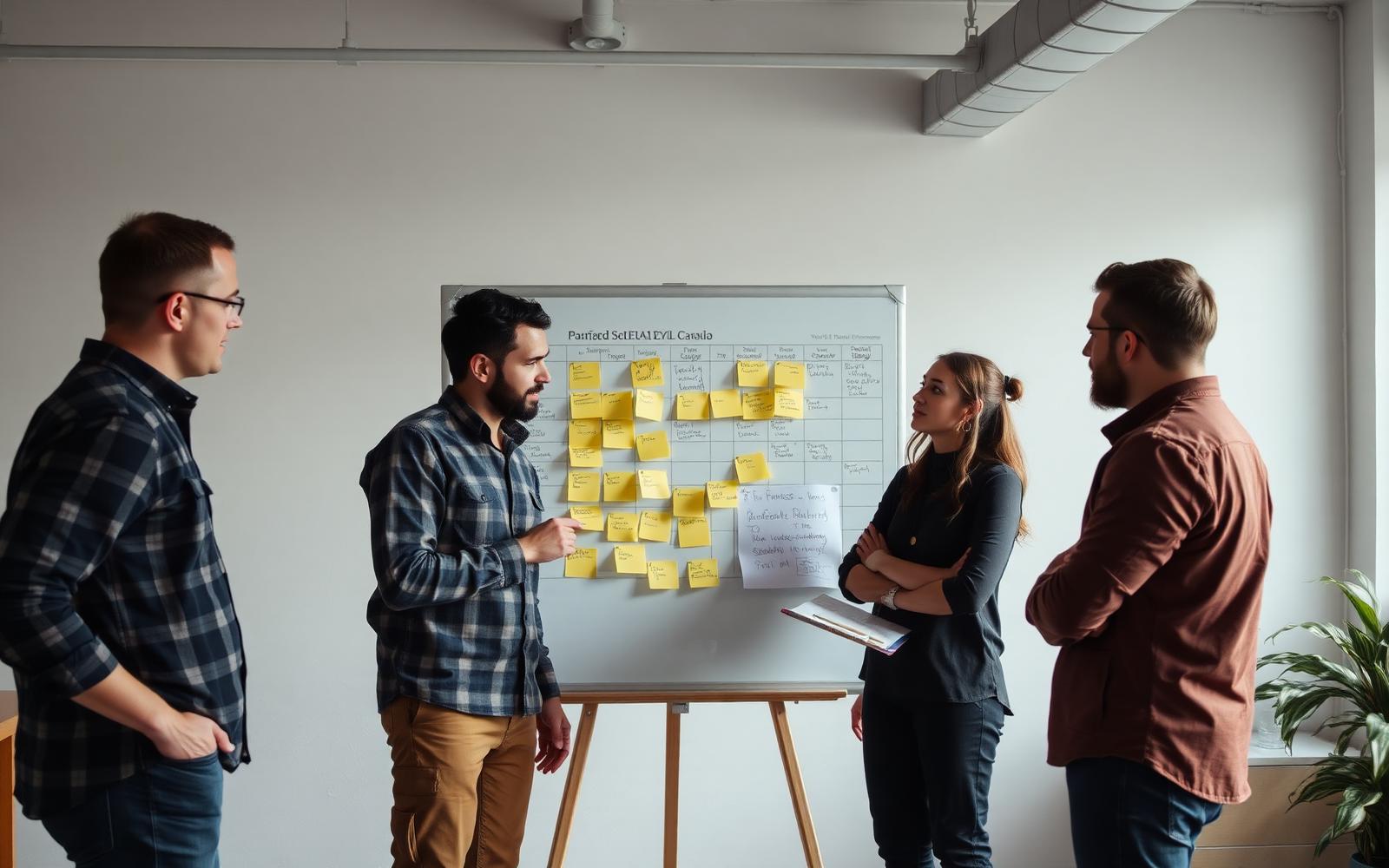 Cross-functional product team reviewing a schedule board with sticky notes