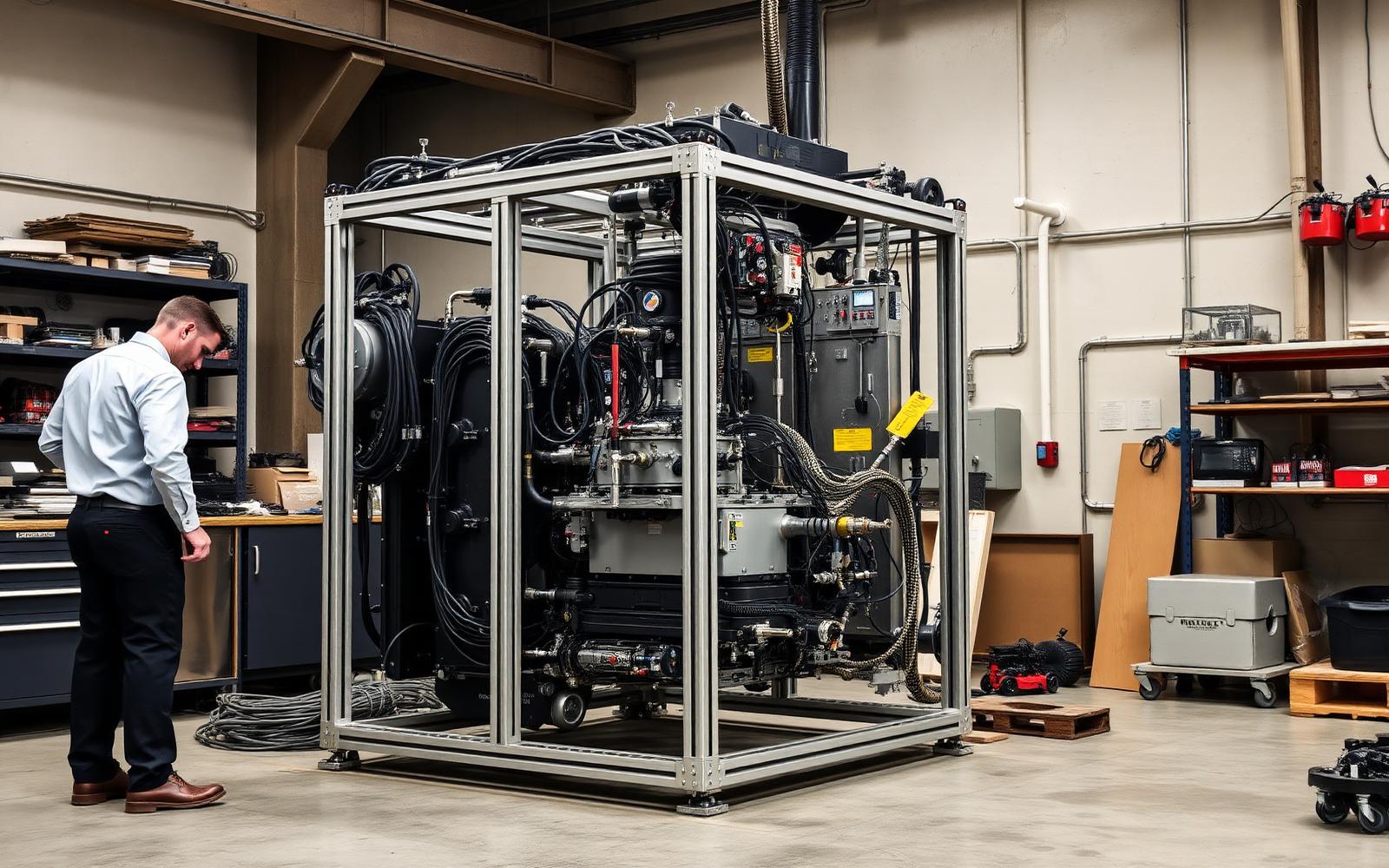 Engineers assembling a custom automation machine frame with pneumatic actuators and cable routing on a shop floor