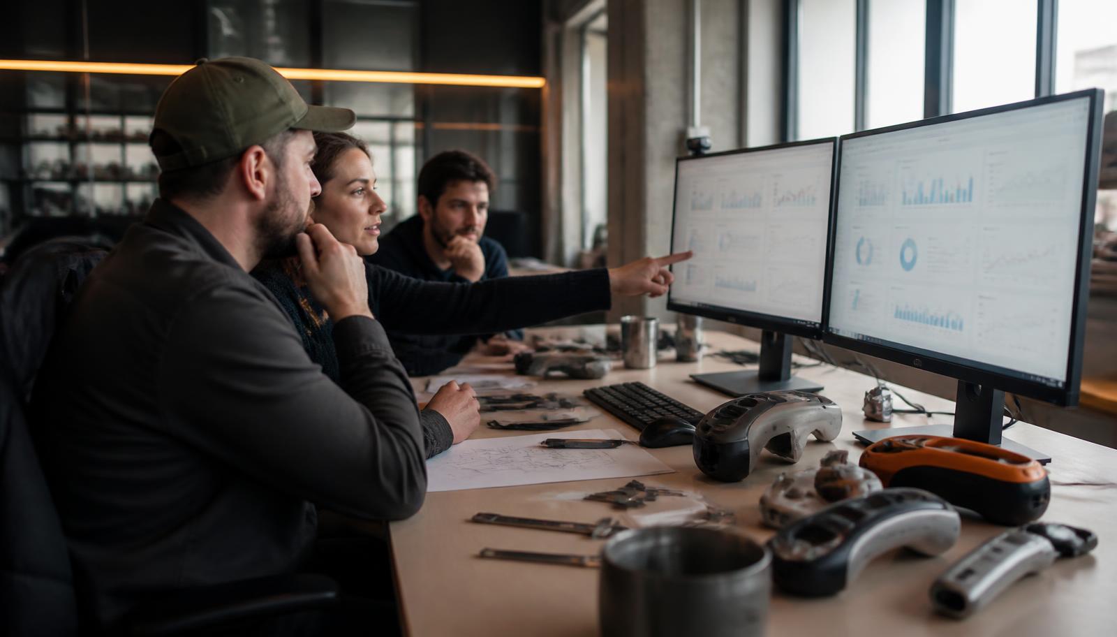 A product team reviewing usage analytics dashboards on two monitors in a design studio with physical prototypes on the desk
