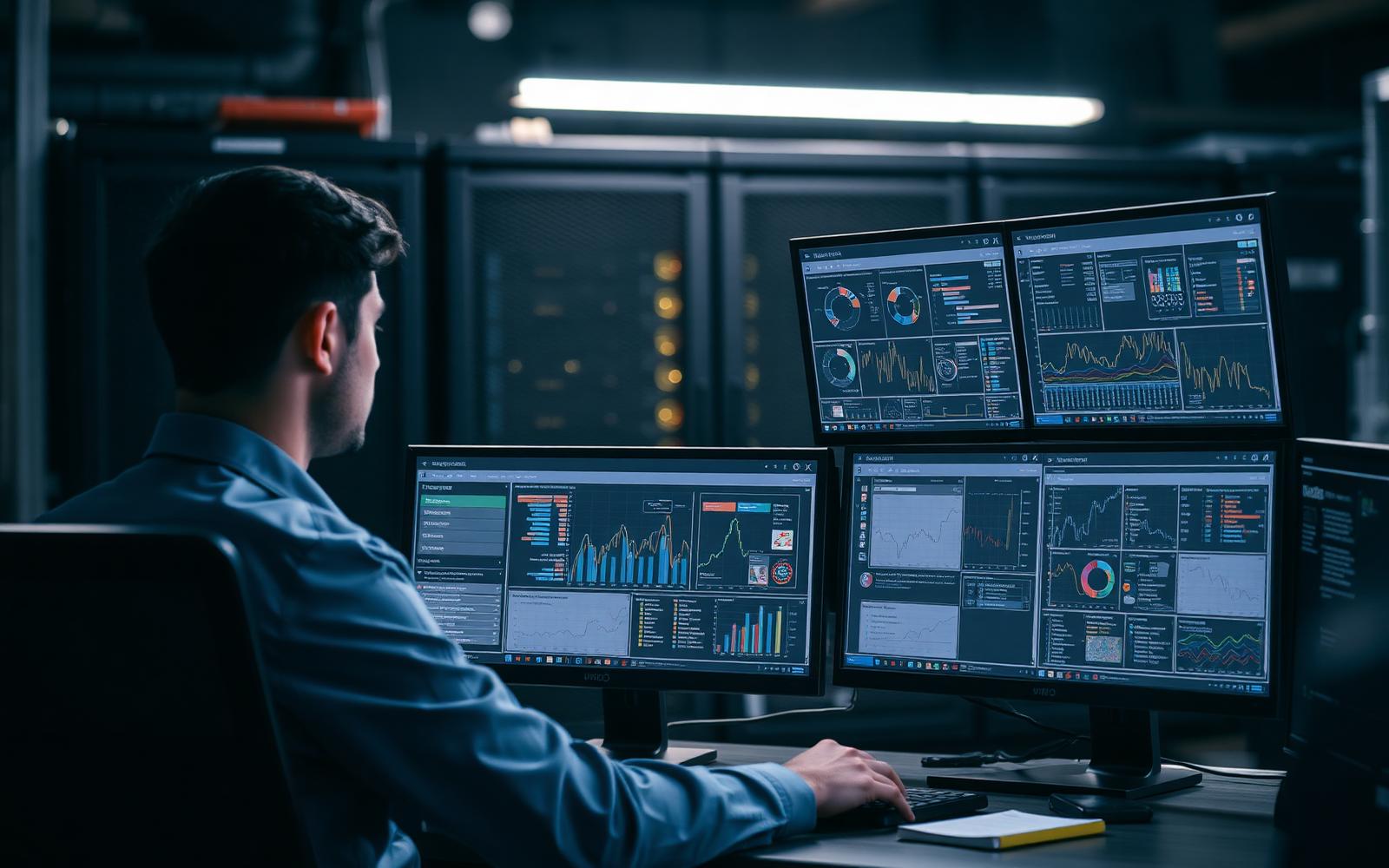 Engineer at a multi-monitor workstation reviewing data pipeline dashboards near server racks