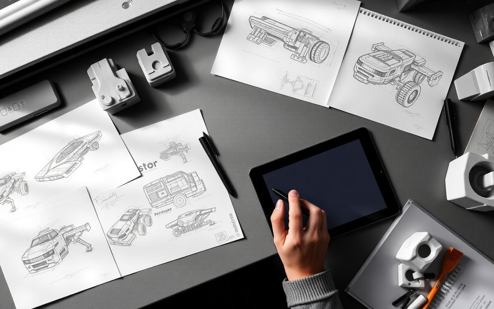 Industrial designer desk with concept sketches, foam study models and a tablet