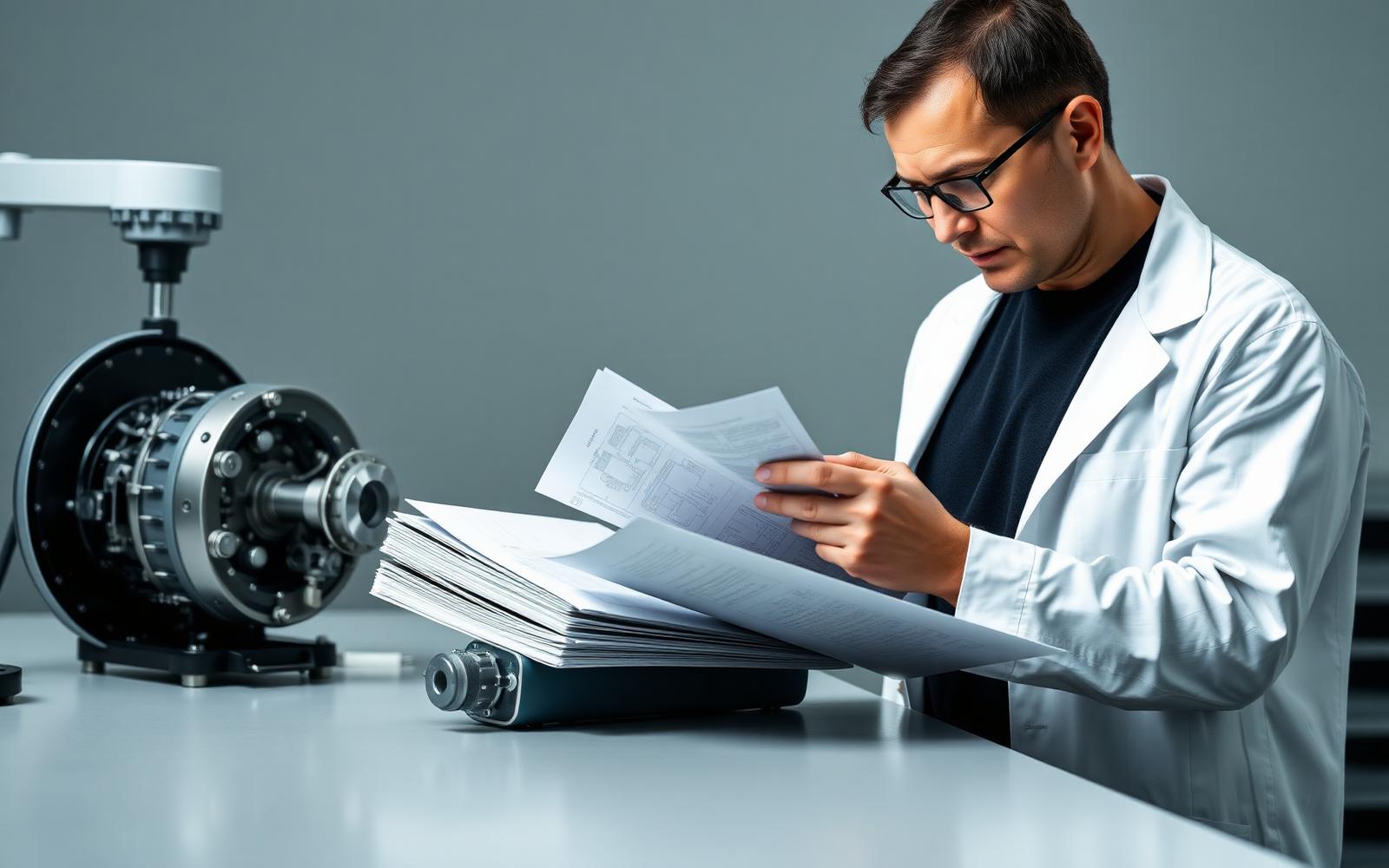 Quality engineer reviewing design history file documentation beside a medical device assembly on a clean bench