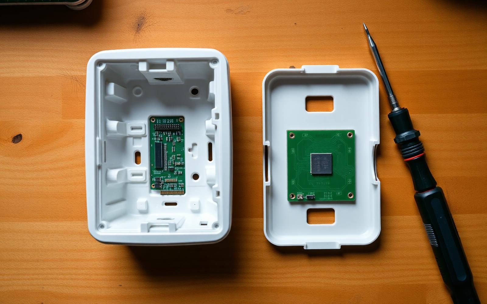Plastic device housing opened into two halves with circuit boards visible and a screwdriver beside it