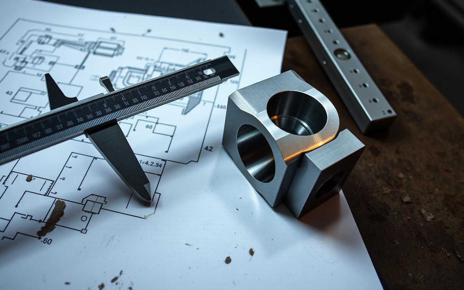 Machined aluminum part measured with calipers beside an engineering drawing