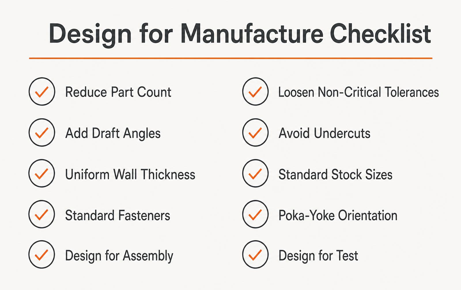 Design for manufacture checklist infographic listing ten DFM rules including part count reduction, draft angles and uniform wall thickness