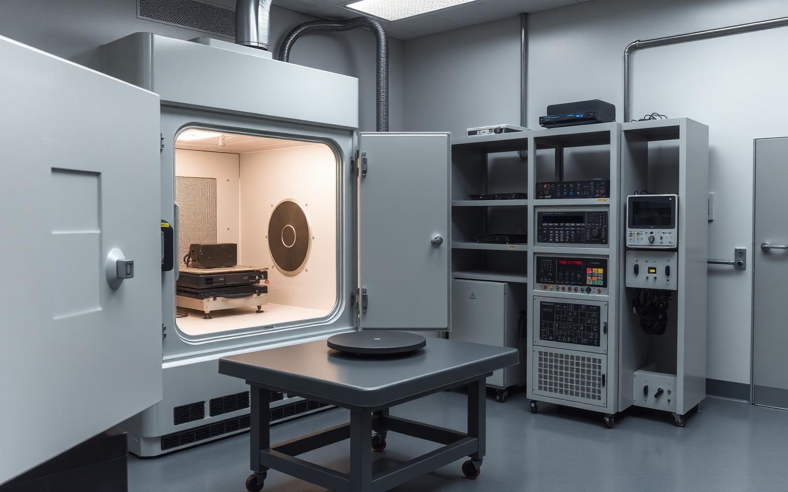 Reliability test lab with an open environmental chamber containing a product under test beside a vibration table and instrumentation racks