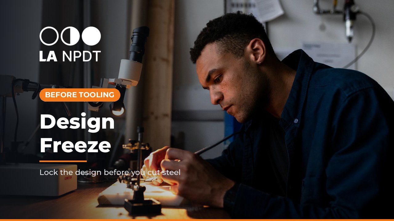 Engineer performing precision work at a prototyping workbench beside a stereo microscope