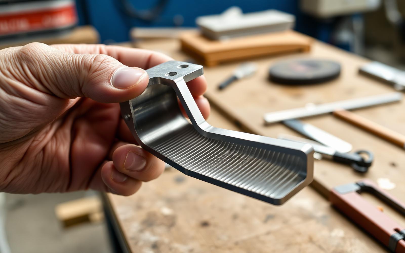 Engineer holding a machined aluminum bracket with lightweight ribbed geometry over a workshop bench