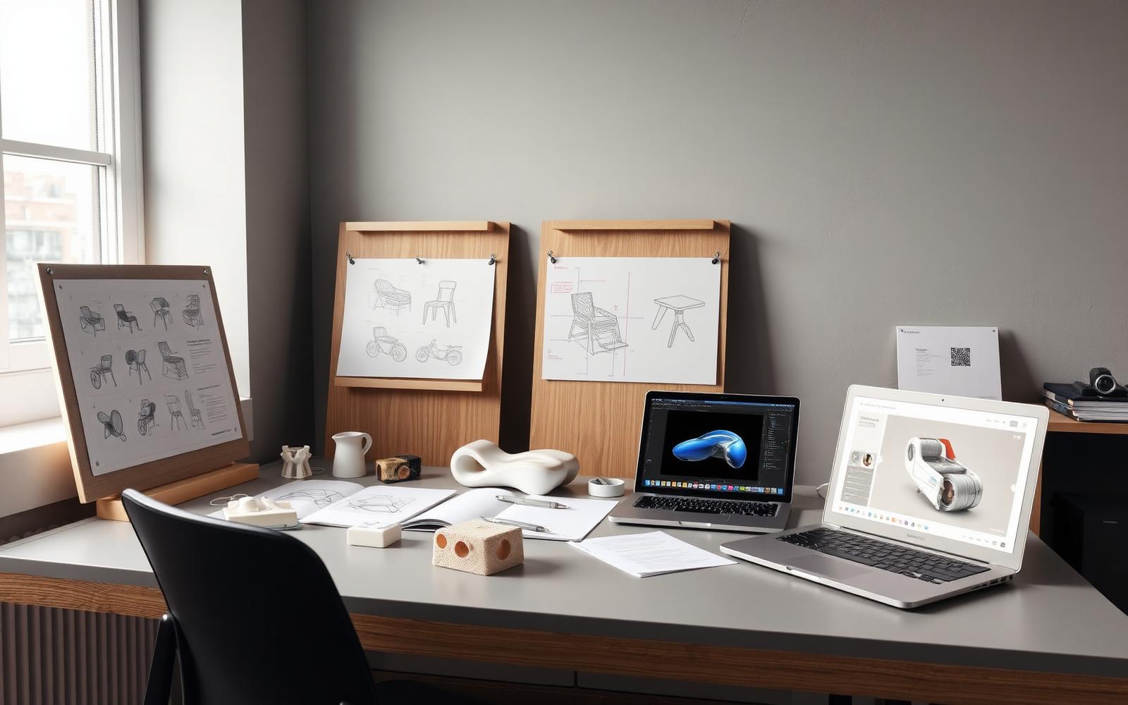 Industrial design portfolio review desk with printed sketch boards, foam study models and a laptop showing CAD