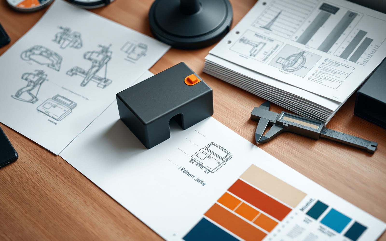 Designer's desk with concept sketches, a matte plastic product model, color and material swatches and a caliper