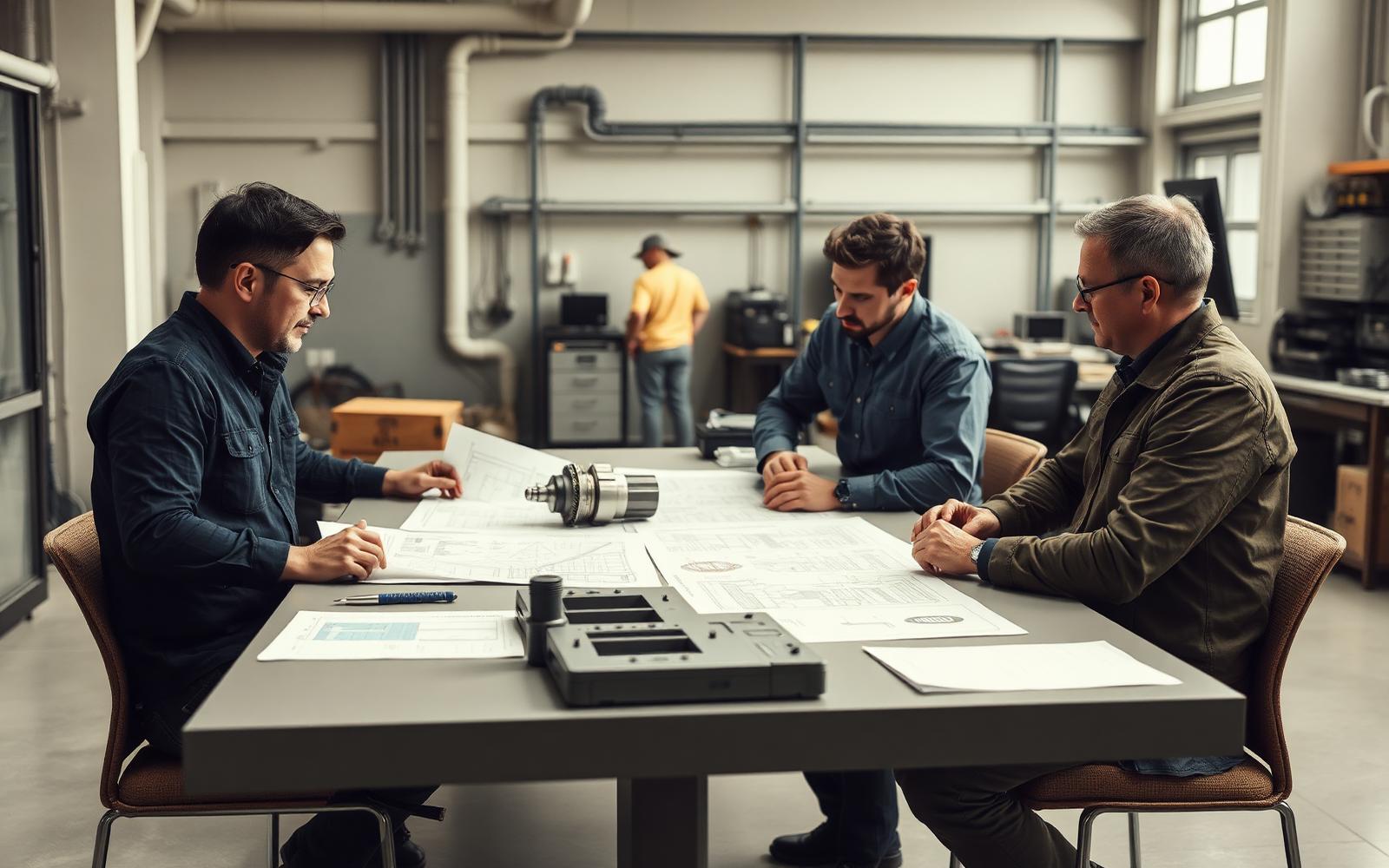 Product development team reviewing dimensioned drawings and a machined prototype at a conference table in an engineering office