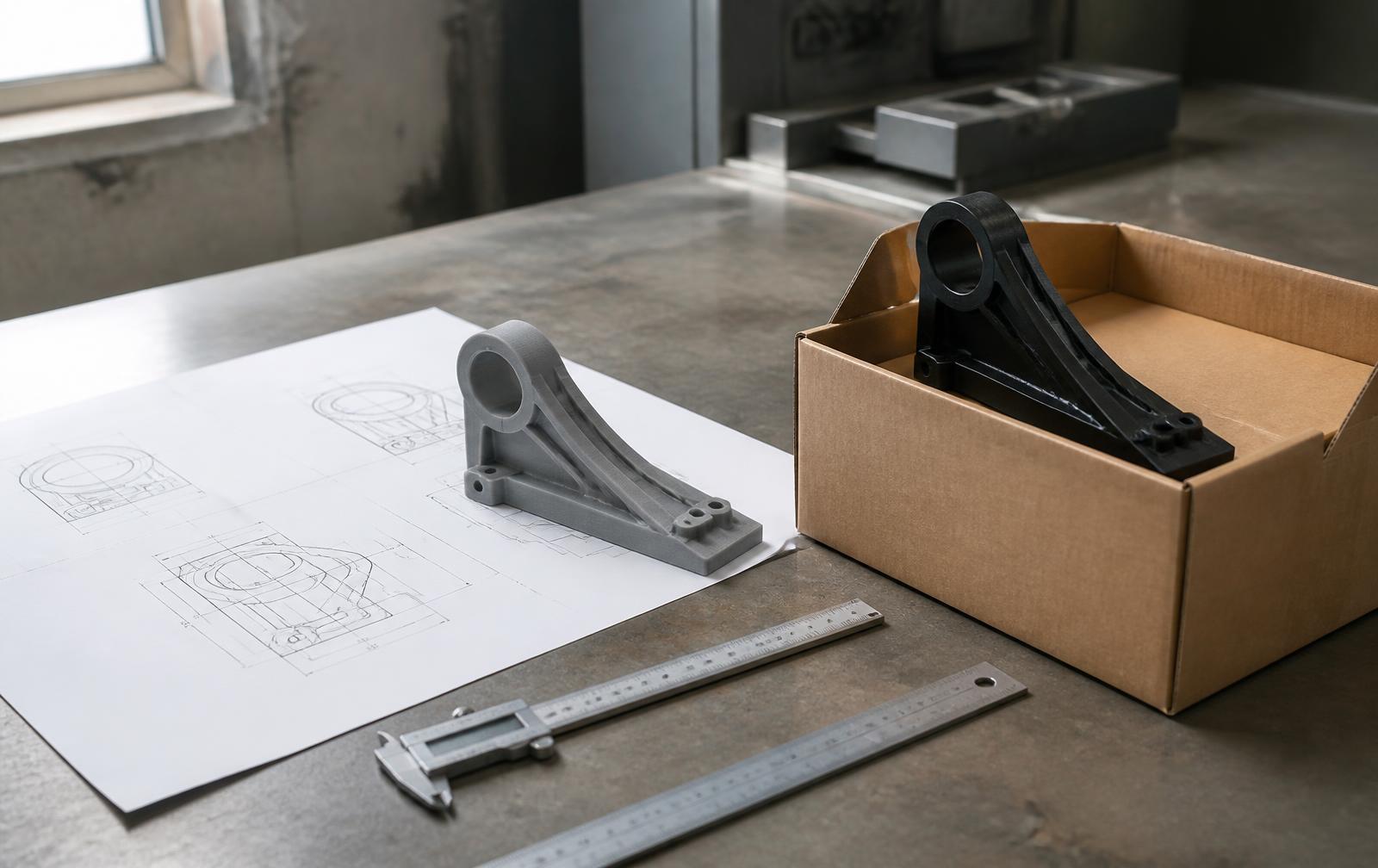 Engineering drawing, grey 3D-printed prototype and the finished black production part in a shipping carton on a workshop bench