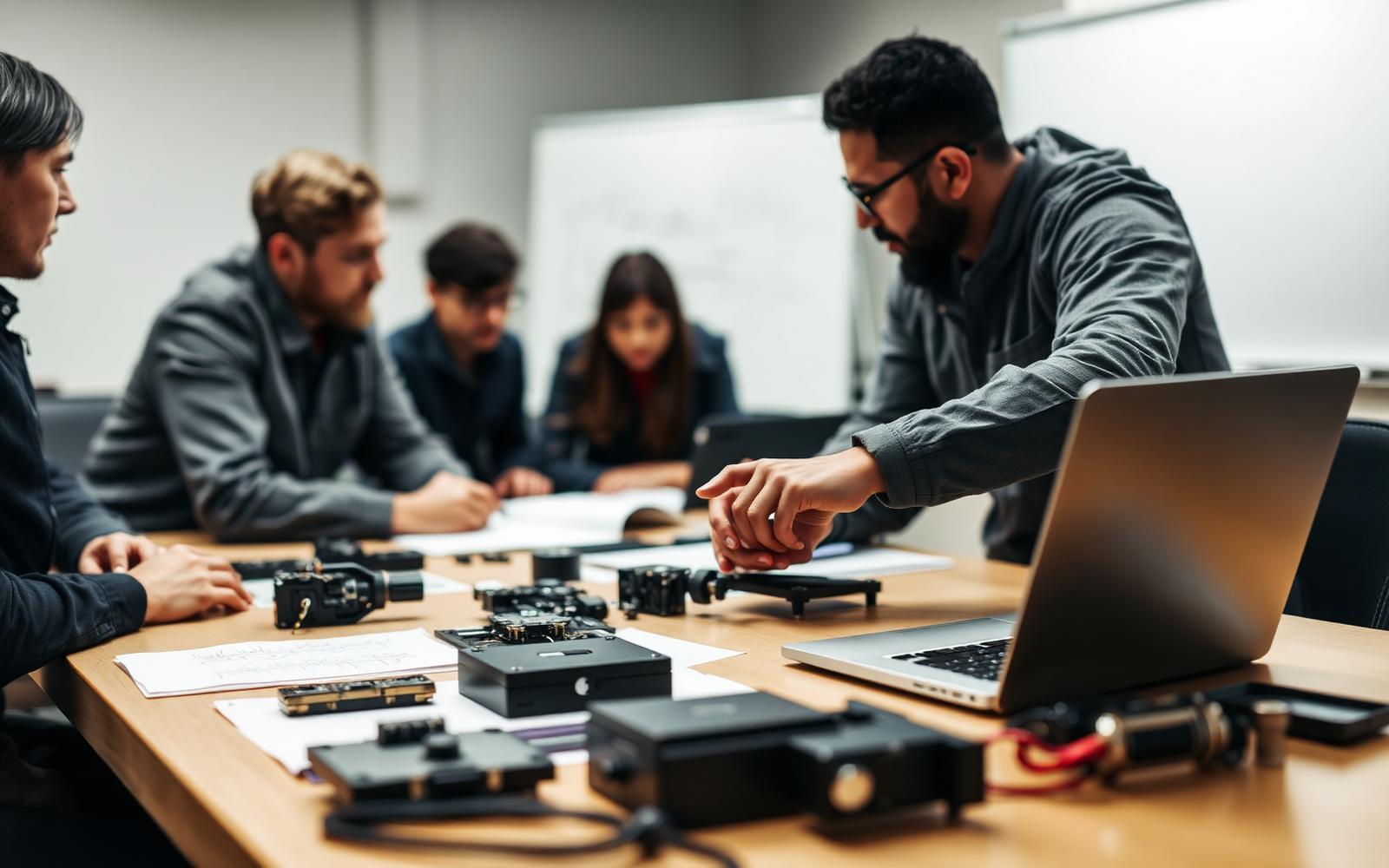 Product development team reviewing prototype parts and open risks around a conference table