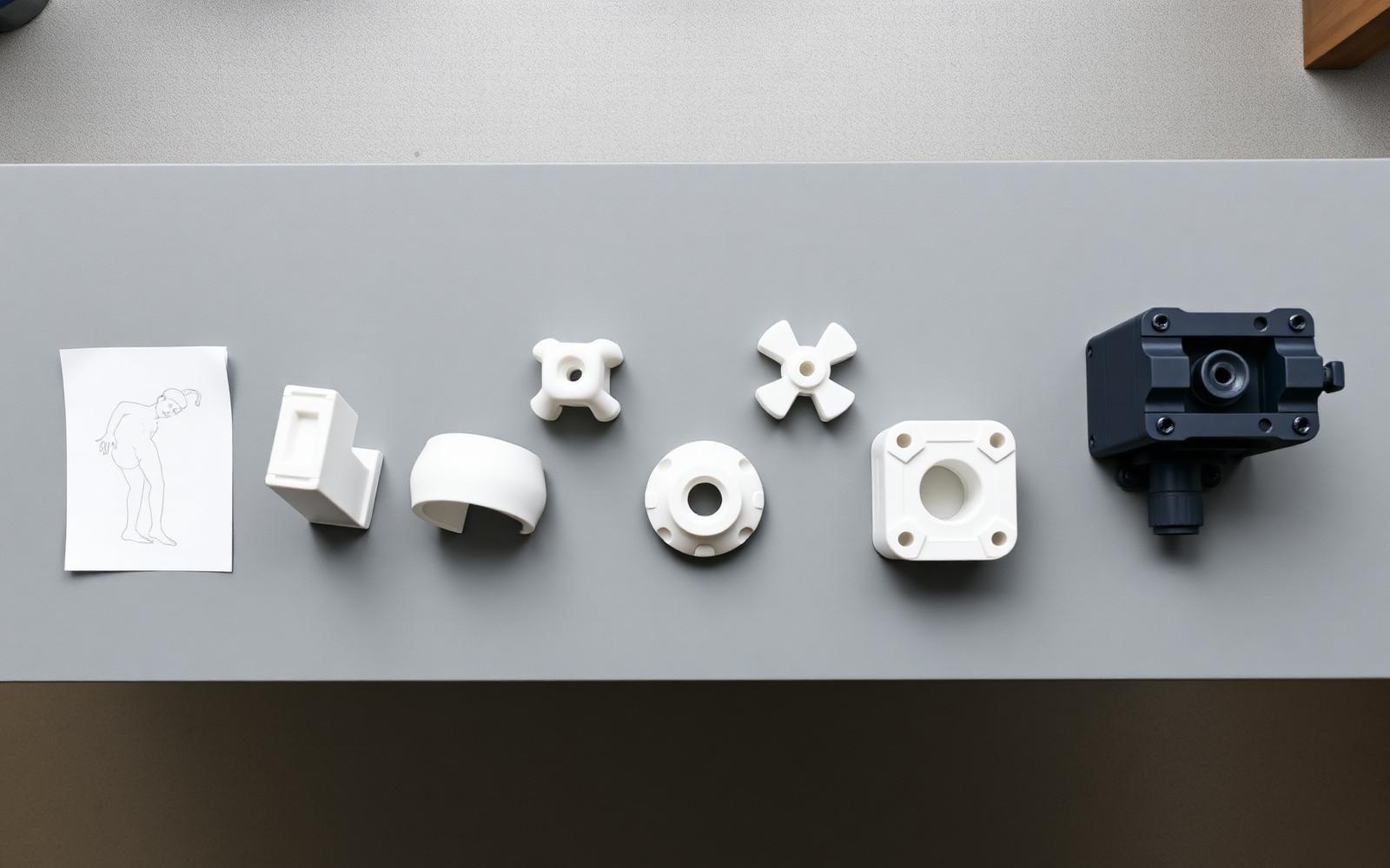 Row of development artifacts on a bench from sketch and foam model to 3D print and finished molded part